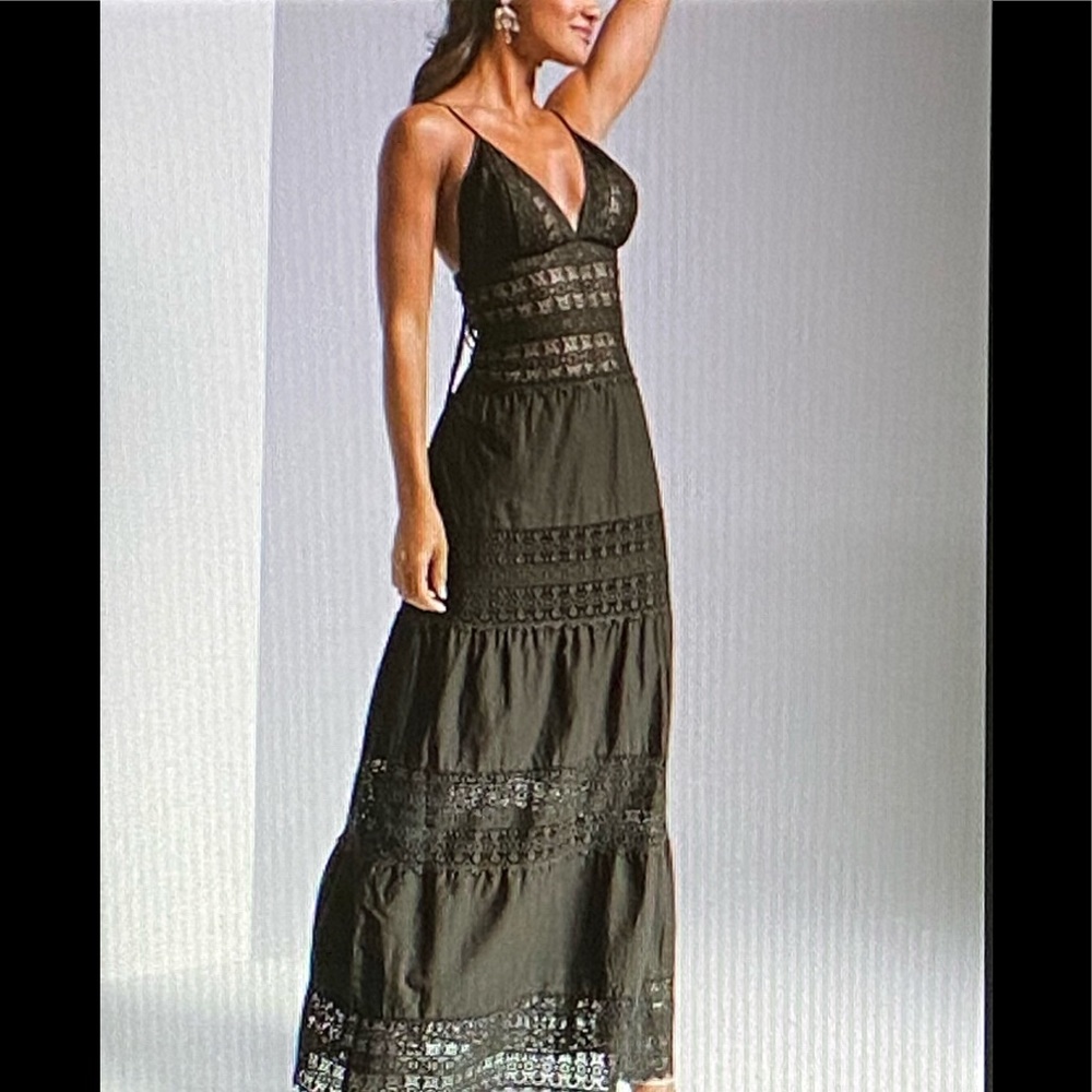 •Venus Black Crochet-Panel V-Neck Maxi Dress
